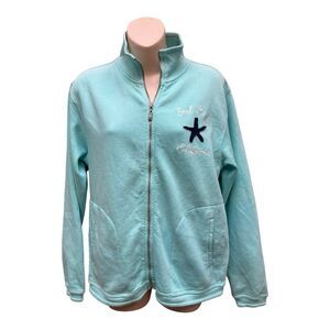 Seal Beach California Aqua Zip-Up Sweatshirt with Starfish Embroidery Sz L Worn